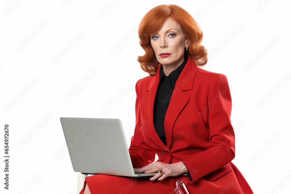 Poster a woman dressed in a red suit is seen using a laptop. this image can be used to illustrate concepts 