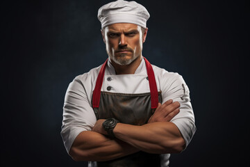 Naklejka premium A man wearing a chef's hat and apron posing for a picture. This image can be used for culinary blogs, restaurant promotions, or cooking-related articles.