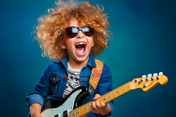 Funny cheerful cool child playing guitar and singing.