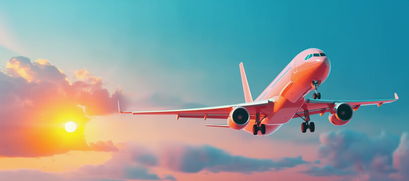 Colorful sunset with pink plane flying against blue and pink sky.
