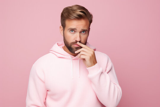 A man in a pink hoodie holding a toothbrush to his mouth. This image can be used to depict personal hygiene routines or dental care.