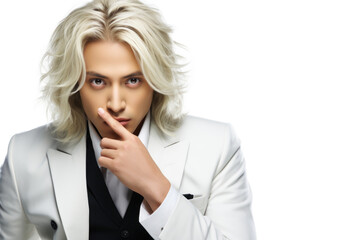 A picture of a man dressed in a white suit and black tie. This image can be used for various purposes, such as fashion, business, or formal events.