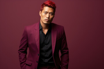 Fototapeta premium A picture of a man with red hair wearing a stylish purple suit. This image can be used to depict a fashionable and confident individual.