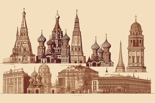 Illustration of famous Moscow landmarks. Generative AI