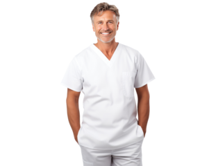 friendly adult dentist doctor Man smiling in medical work clothes - medium shot on transparent white background png file for healthcare designs