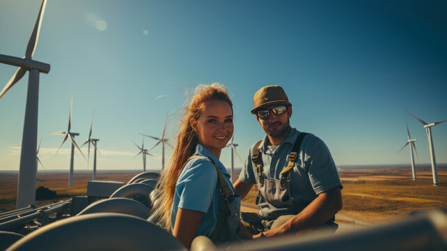 young man and woman maintenance engineer team working in wind turbine farm.,generative AI