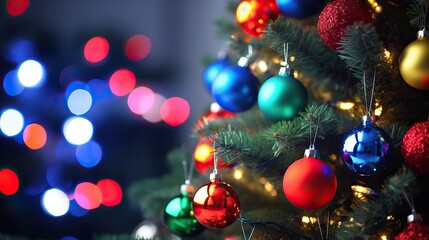 Fototapeta na wymiar Colorful Christmas Tree with Ornaments, Lights, and Bokeh