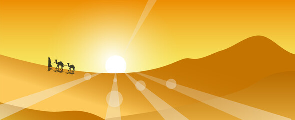 Caravan with camels in the desert with the sun in the background. vector