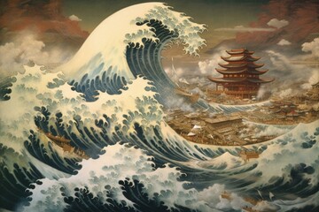Traditional oriental-style depiction of a monumental tsunami wave. Generative AI - obrazy, fototapety, plakaty