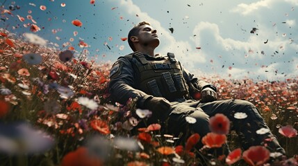 Broken down soldier get tired of war and looking at the sky in a field of flowers - obrazy, fototapety, plakaty