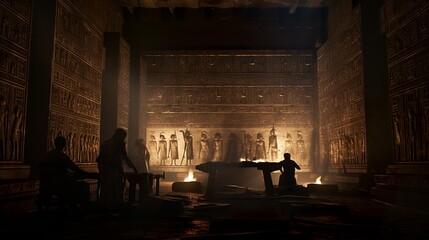 Archeologists examine egyptian temple interior wall hieroglyphs - obrazy, fototapety, plakaty