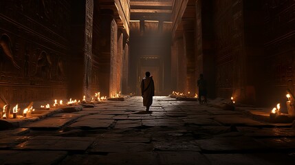 Egyptian person walking in an ancient temple hall interior with candles around - obrazy, fototapety, plakaty
