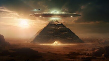 Ufo flying saucer floating above the ancient pyramid alien conspiracy theory poster