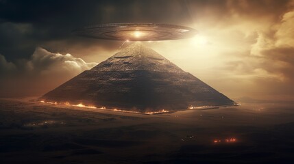 Ufo flying saucer floating above the ancient pyramid alien conspiracy theory poster