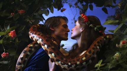 Adam and Even in the garden of Eden eating from the fruit with the snake of the devil