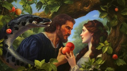 Adam and Even in the garden of Eden eating from the fruit with the snake of the devil - obrazy, fototapety, plakaty