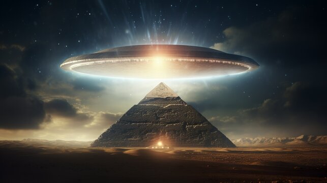 Ufo flying saucer floating above the ancient pyramid alien conspiracy theory poster