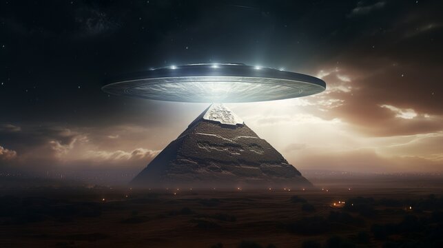 Ufo flying saucer floating above the ancient pyramid alien conspiracy theory poster