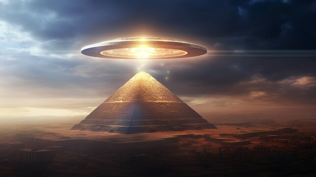 Ufo flying saucer floating above the ancient pyramid alien conspiracy theory poster