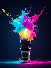 "Explosive Creativity: Colorful Paint Splashes from Bursting Light Bulb on Dark Background, Capturing Unique and Innovative Thinking Concept"