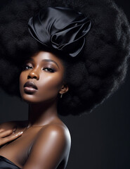 "Afro Elegance: Stunning Woman with Big Afro Hair Wrapped in Black Silk - Dynamic Composition and Dramatic Lighting for Fashion Editorial Concept."