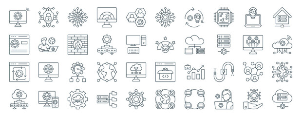 set of 40 outline web it infrastructure icons such as network security, api, automation, cloud computing, operating system, network hub, operation icons for report, presentation, diagram, web - obrazy, fototapety, plakaty