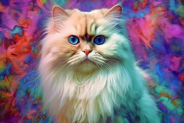 Psychedelic look of highland lynx Himalayan cat. Generative AI - obrazy, fototapety, plakaty