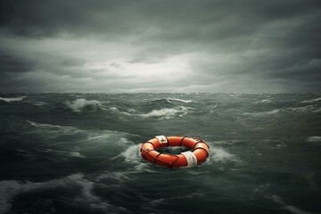 Life buoy amidst agitated sea during stormy weather. Generative AI - obrazy, fototapety, plakaty