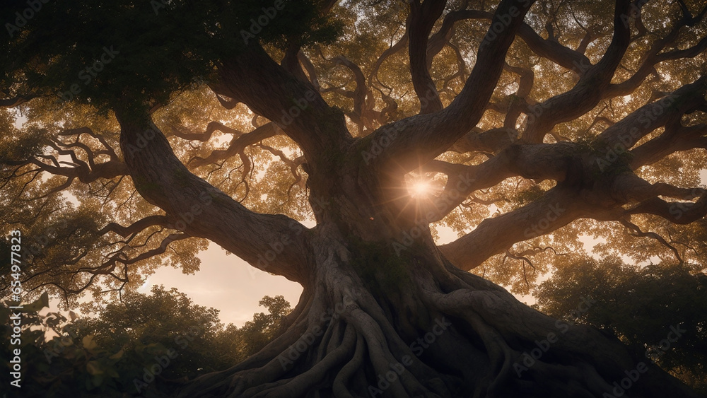 Poster a majestic tree with a trunk of knowledge, its branches reaching up to the heavens - ai generative