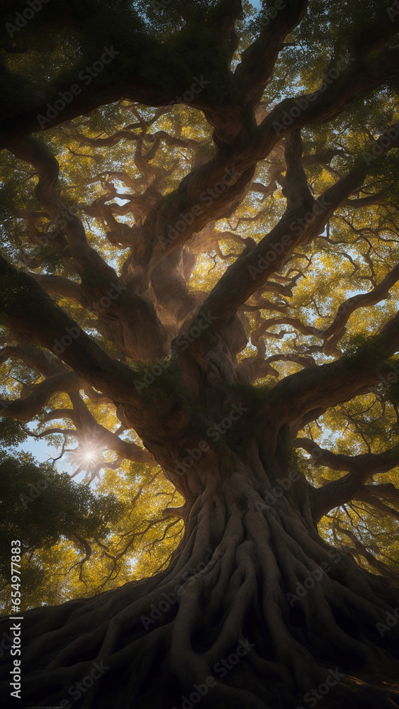 Poster a majestic tree with a trunk of knowledge, its branches reaching up to the heavens - ai generative