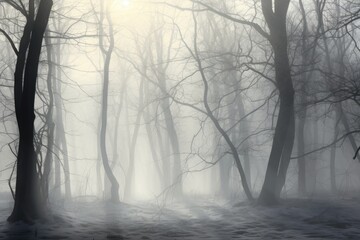 Winter forest with mystical morning fog 