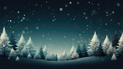 illustration of a beautiful snowy forest in winter at night, under the light of the stars, in green tones, generated with AI