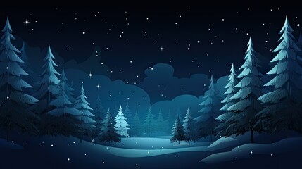Illustration of a snowy forest in winter at night, under the light of the stars, in blue tones, generated with AI