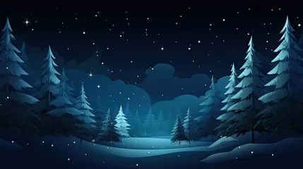 Papier Peint photo Montagnes Illustration of a snowy forest in winter at night, under the light of the stars, in blue tones, generated with AI