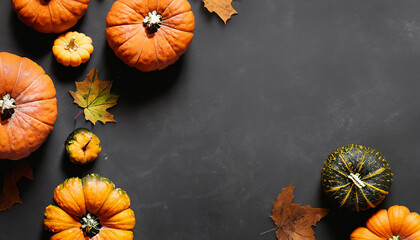 Different varieties of pumpkins with leafs on a simple black background in flatlay style