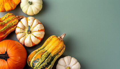 Different varieties of pumpkins on a simple green and blue background in flatlay style