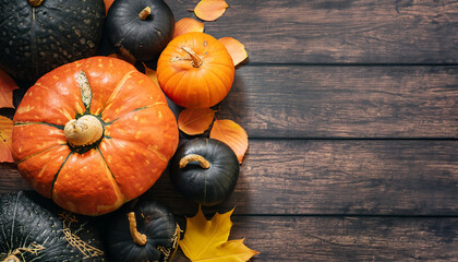 Different varieties of pumpkins on a simple dark wooden background in flatlay style
