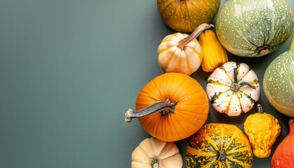 Different varieties of pumpkins on a simple green background in flatlay style