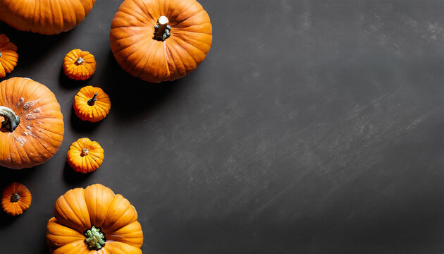 Different varieties of pumpkins on a simple black background in flatlay style