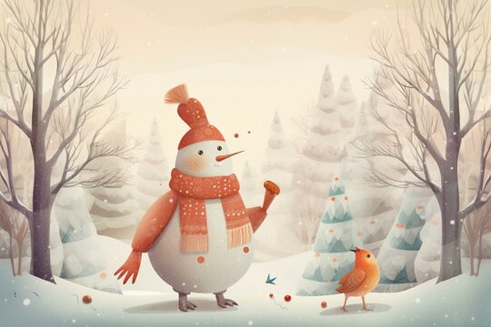 Cheerful wintertime scene with a charming anthropomorphic character. Generative AI