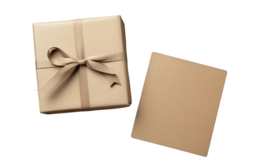 stylish craft present or gift box and greeting card on transparent background. flat lay empty paper with space for text. holyday, anniversary concept. mock up. holiday gift, space for text, png