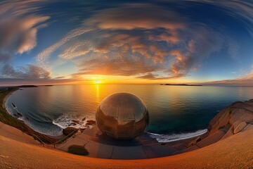 High dynamic range spherical panorama of a round equidistant projection depicting a breathtaking sea sunset. Generative AI