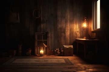 Dimly lit room with rustic decor, rendered in 3D. Generative AI