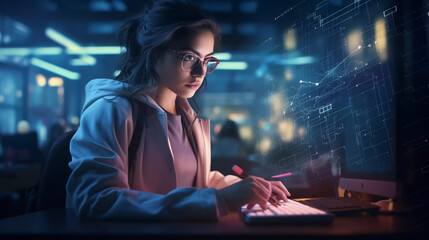 Young girl programmer writing code on the keyboard, in the office space at night