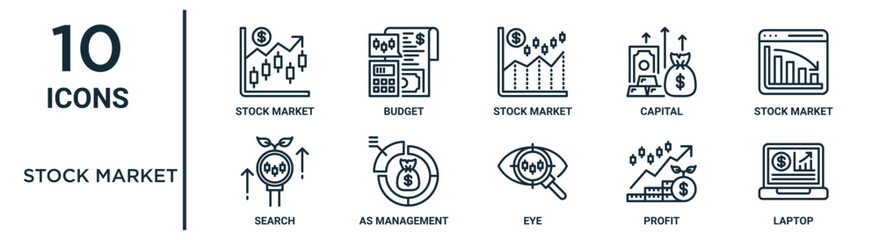 Fototapeta na wymiar stock market outline icon set such as thin line stock market, stock market, as management, profit, laptop, search icons for report, presentation, diagram, web design