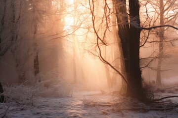 Winter forest with mystical morning fog 