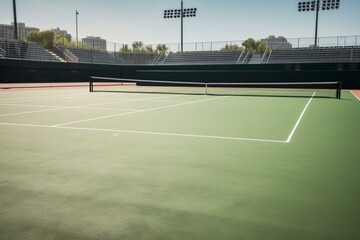 An open tennis court with no players or visible activity. Generative AI - obrazy, fototapety, plakaty