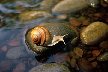 A slow-moving mollusk on a stone beside the flowing water. Generative AI