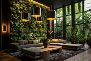 Contemporary lounge with verdant vertical garden and opulent plant embellishments. Generative AI