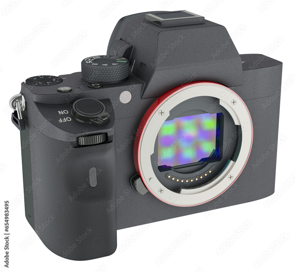 Aufkleber full frame mirrorless interchangeable-lens digital camera, body. 3d rendering isolated on transparen